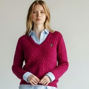 Ralph Lauren Hot Pink V-Neck Cable Sweater Green Pony Medium